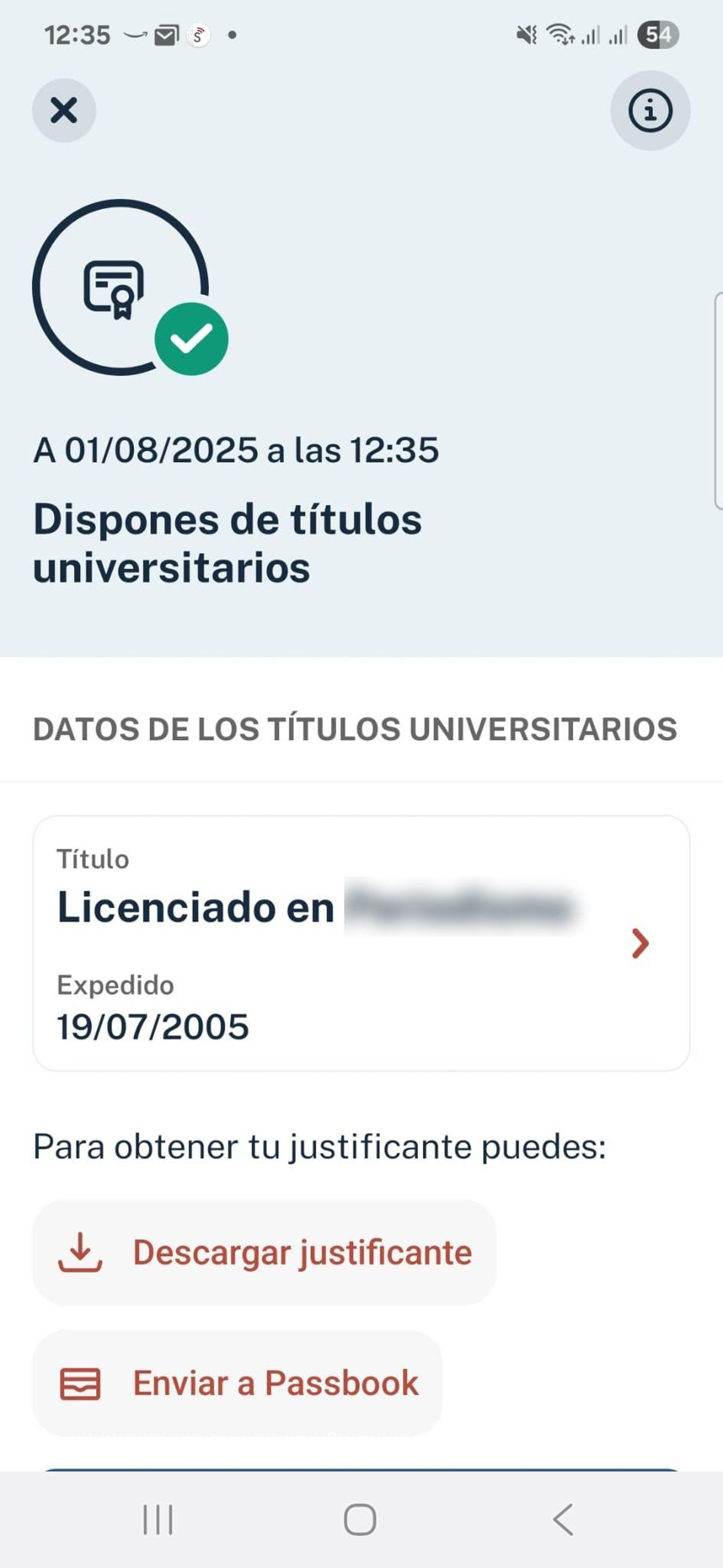Justificante de título universario en la aplicación &quot;Carpeta Ciudadana&quot;