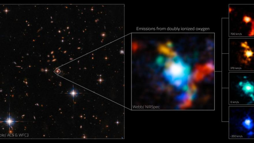 Una imagen del Hubble del cuásar y la misma área vista con el telescopio espacial James Webb. La imagen de Webb muestra múltiples galaxias fusionándose junto al agujero negro supermasivo.