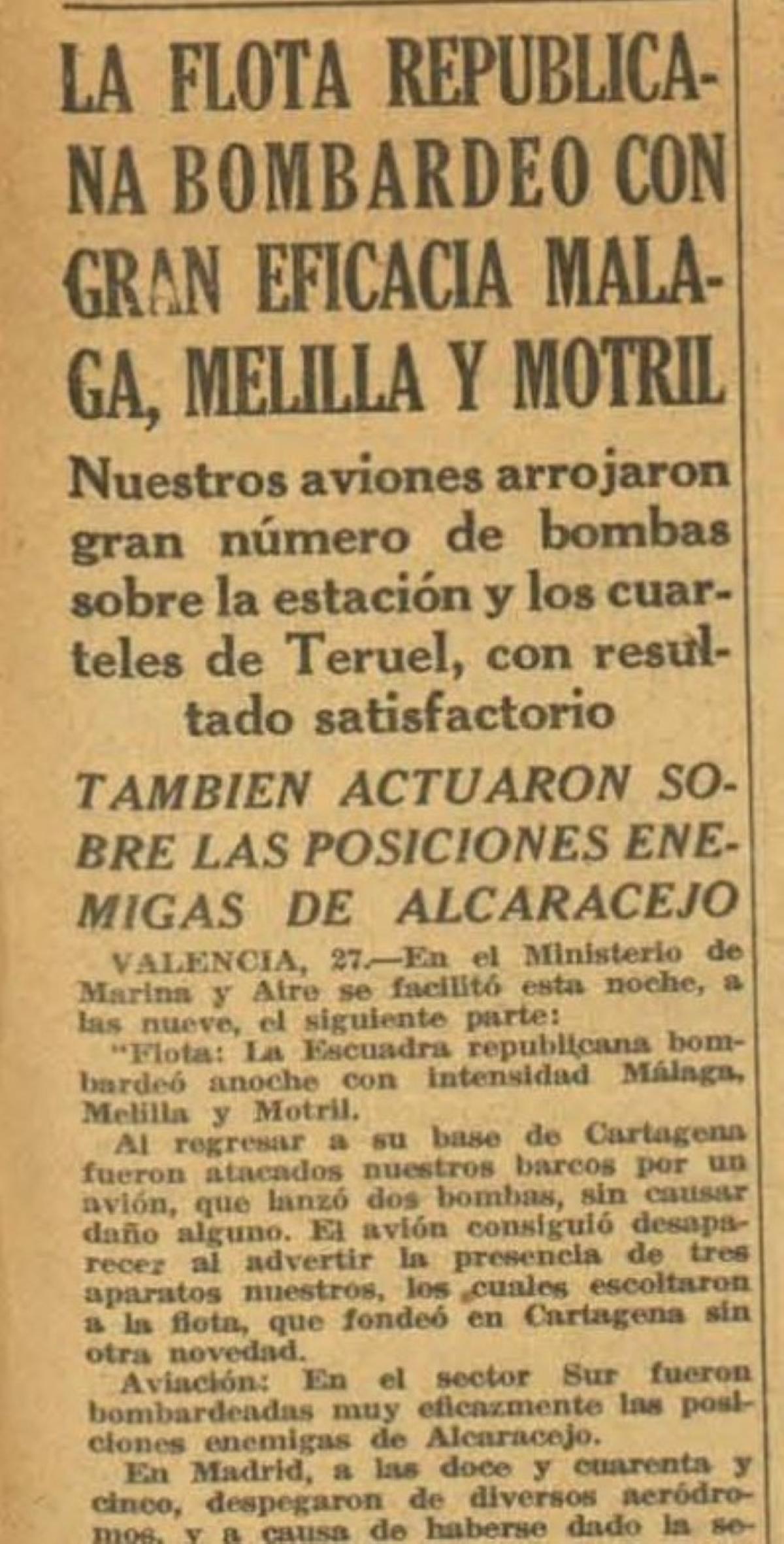 Anuncio del bombardeo del Viernes Santo del 37 en Málaga, en la prensa republicana.