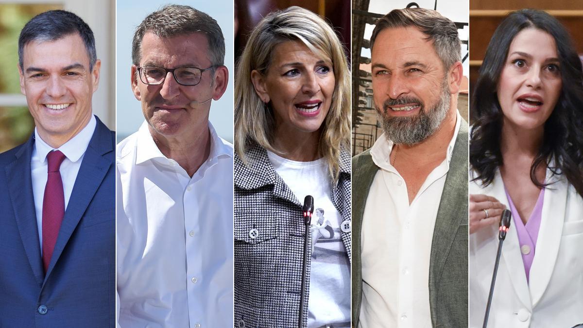 Pedro Sánchez, Alberto Núñez Feijóo, Yolanda Díaz, Santiago Abascal, Inés Arrimadas.