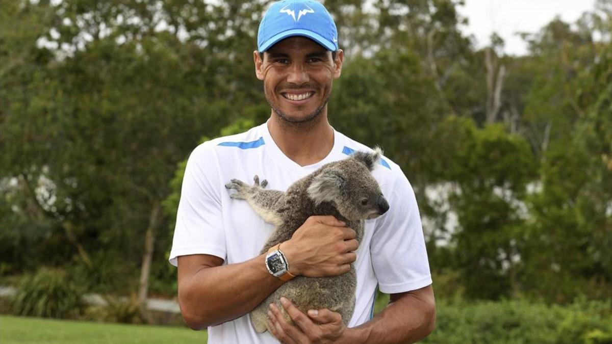 Imagen simpática de Rafa con un koala en un descanso de un entrenamiento