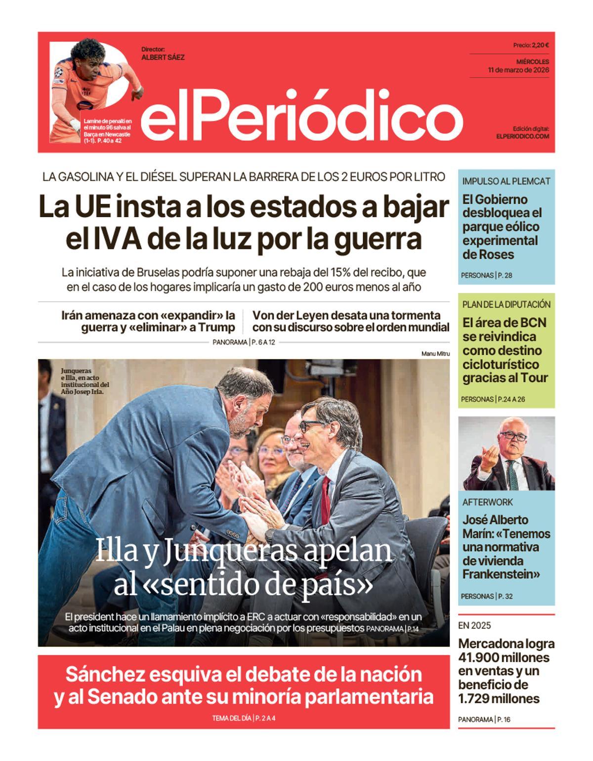 La portada de EL PERIÓDICO del 11 de marzo de 2026