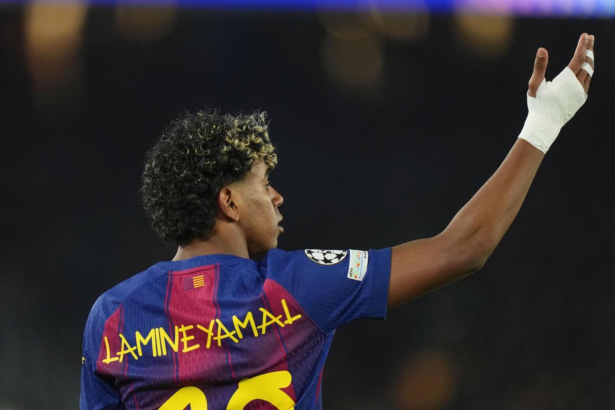 Barcelona striker Lamine Yamal reacts during the Champions League round of 16 second leg match between Barcelona and Newcastle at Camp Nou, Barcelona, Spain, 18 March 2026. EFE/ Siu Wu