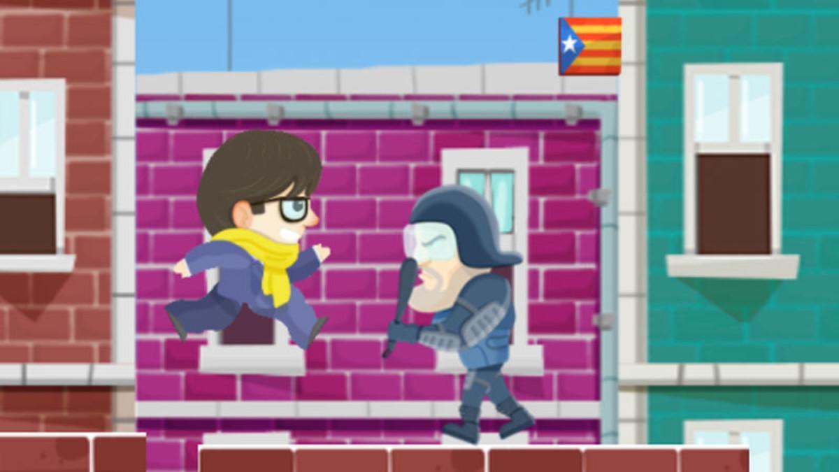 El personaje de Carles Puigdemont, frente a un antidisturbios en una imagen del juego ’Puigdemont Go!’.