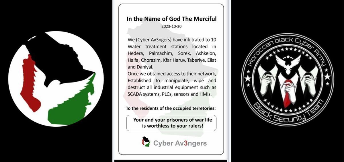 Un comunidado del grupo iraní Cyber Avengers (izquierda y centro) reivindica un cibertaque a plantas de agua potable en Israel. A la derecha, el logo del Moroccan Black Cyber Army.