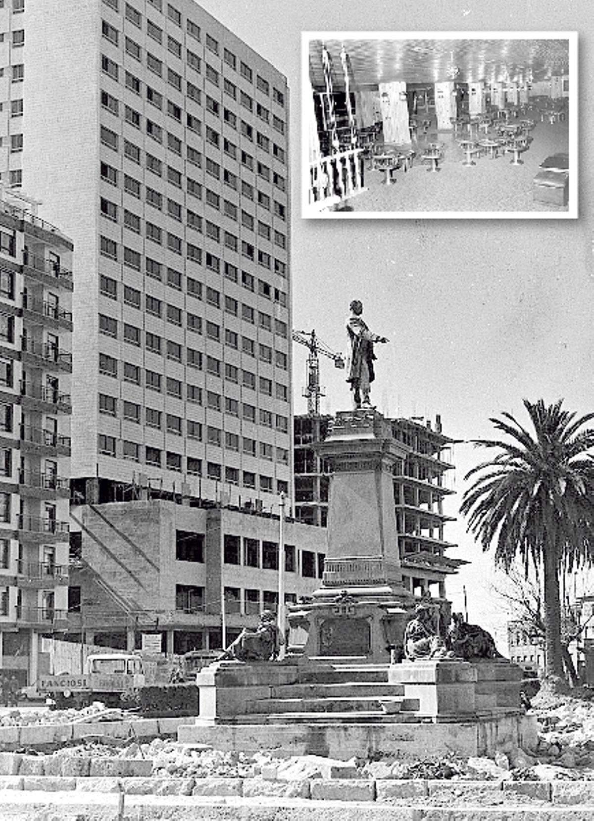 El hotel, todavía en fase de obras, en marzo de 1970. En primer término, el monumento a José Elduayen. En el recuadro, el salón de Bitácora.