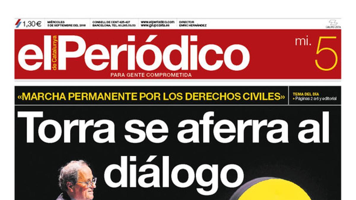 La portada de 4EL PERIÓDICO DE CATALUNYA del miércoles 5 de septiembre del 2018