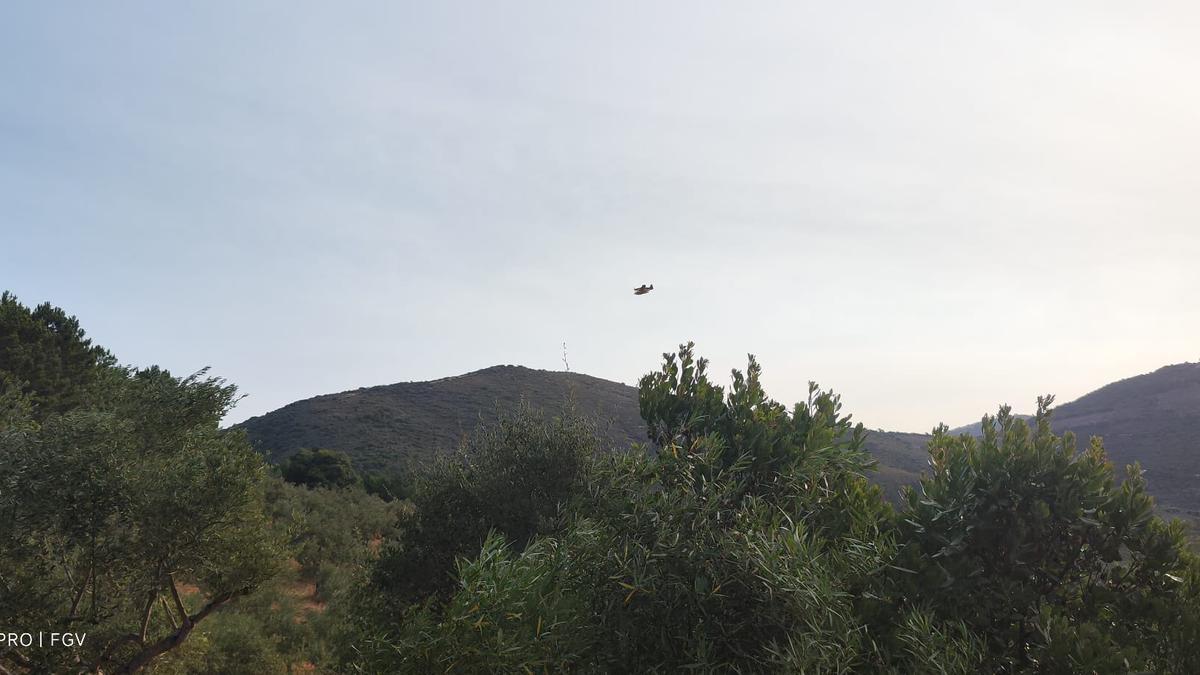 Hidroaviones cargando agua en embalses en una imagen sacada desde Mohedas de Granadilla.