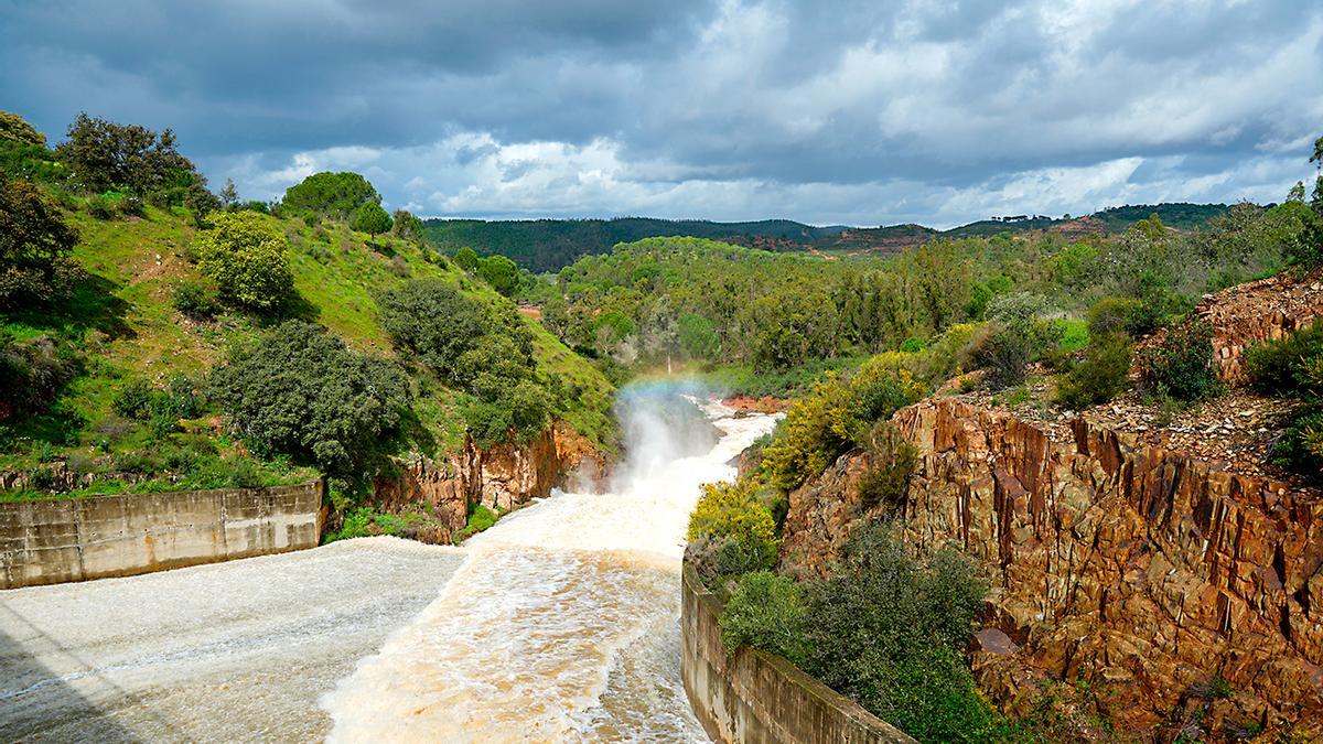 Presa del Corumbel en La Palma del Condado (Huelva) desaguando.