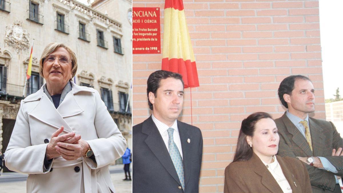 Ana Barceló en una imagen actual y Frutos Barceló, entre Zaplana y Camps en 1998.