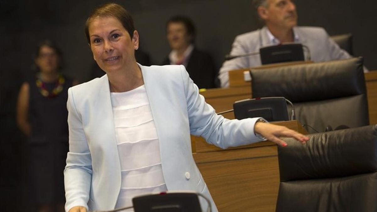 La candidata de Geroa Bai a la presidencia de Navarra, Uxue Barkos, este lunes, 20 de julio, en el debate de investidura.