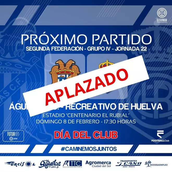 El Águilas FC-Recreativo de este domingo en Segunda RFEF, aplazado por el temporal