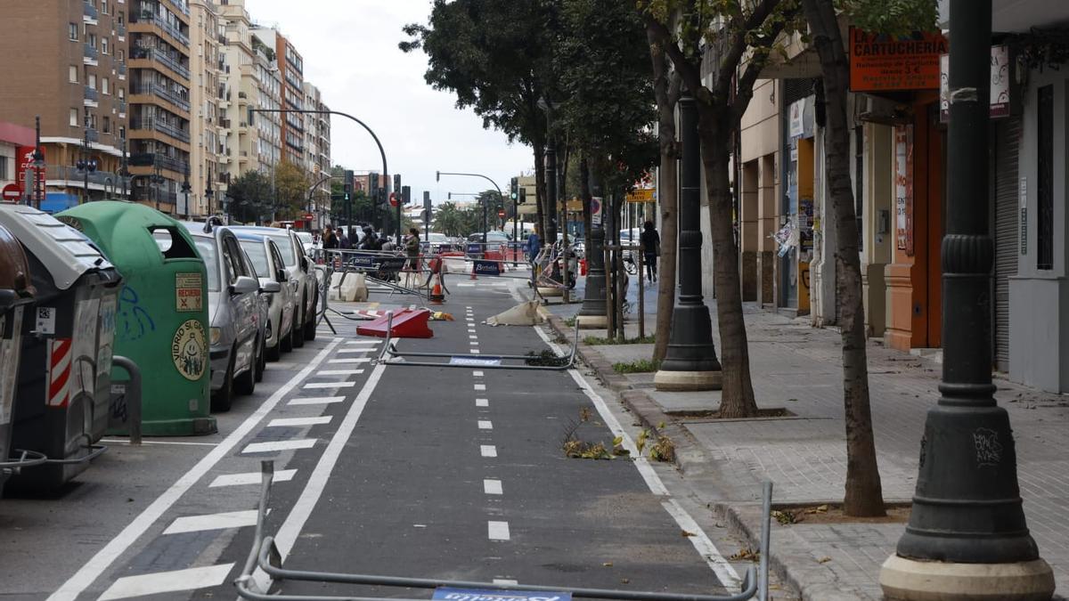 Vallas caídas en el carril bici de la avenida del Cid