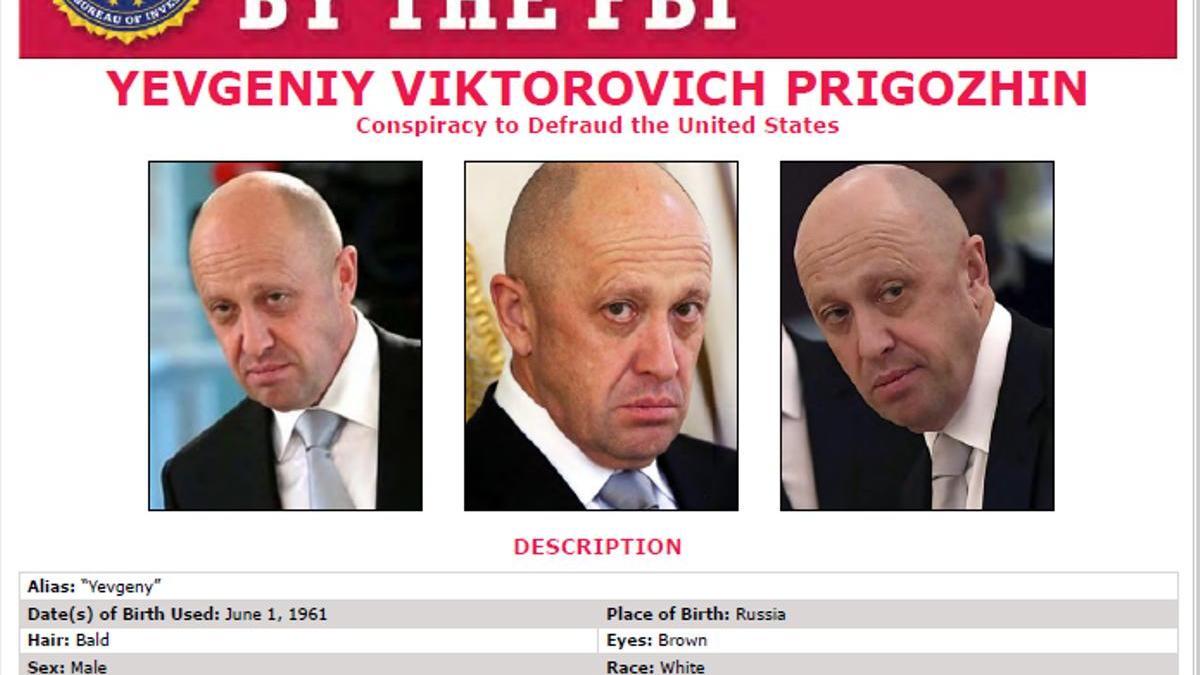 Cartel del FBI en busca de Yevgueni Prigozhin, supuesto dueño de la firma de mercenarios Wagner.