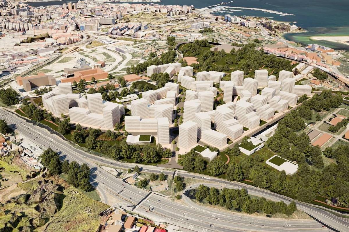 Recreación virtual del nuevo Barrio en Monte Mero, con Alfonso Molina en primer término, la ría en la esquina superior derecha y la ciudad al fondo.