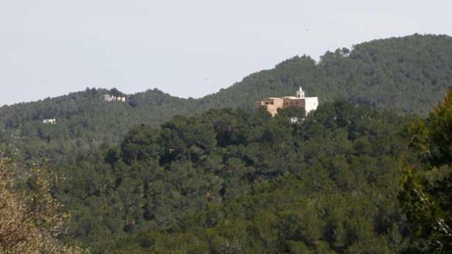 Zona forestal con la iglesia de San Miquel al fondo.