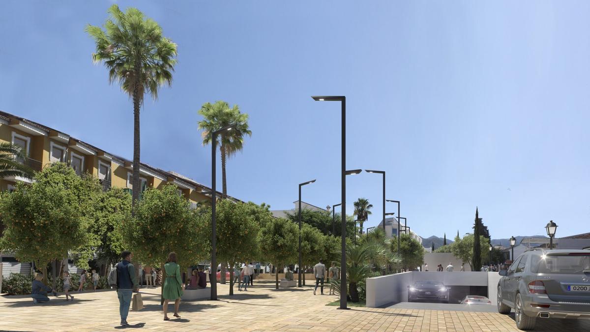 Infografía en la que se recrea la avenida Isaac Peral, de Alhaurín de la Torre, tras la reforma y construcción del parking subterráneo.