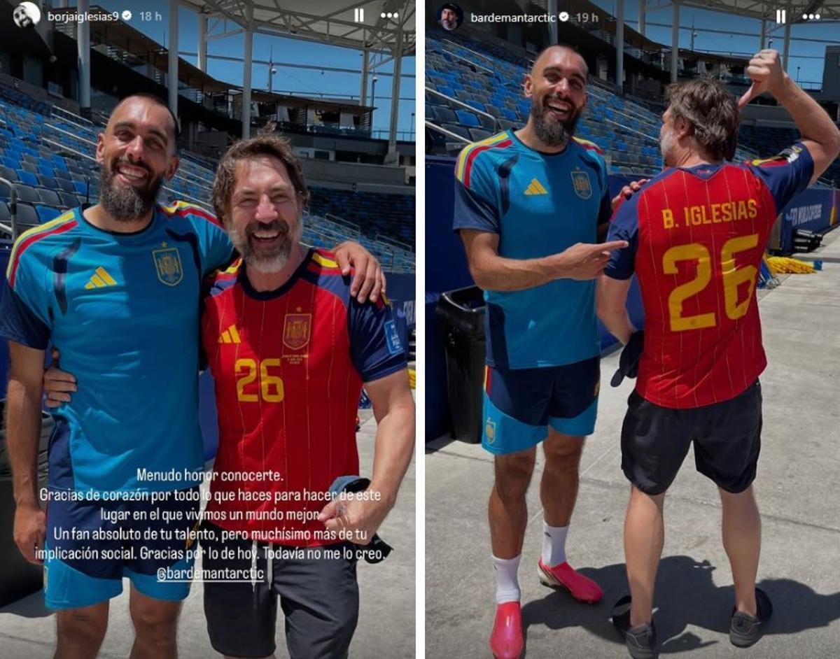 Publicaciones de Javier Bardem y Borja Iglesias sobre su encuentro.