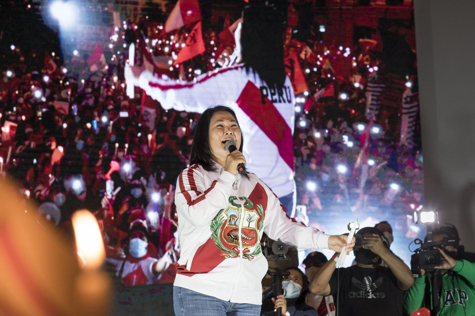 La excandidata presidencial de Perú y líder de Fuerza Popular, Keiko Fujimori, durante un acto político posterior a las elecciones presidenciales de junio de 2021