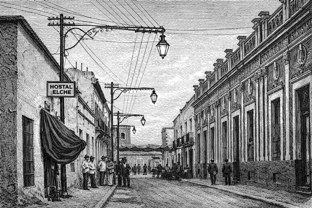 Recreación de una calle de Elche con farolas