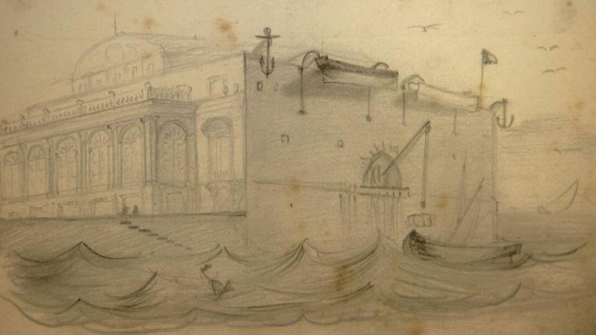 Dibujos satíricos del Galdós adolescente sobre la construcción del Teatro junto al mar.