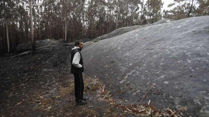 Un vecino visita el gran panel de armas de Auga da Laxe, rodeado de monte quemado.  // Ricardo Grobas