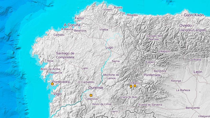 Mapa del IGN con los terremotos de este fin de semana en Galicia.