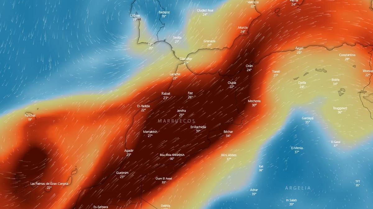 Imagen de la nube de azufre sobre la Península en este jueves por la tarde.