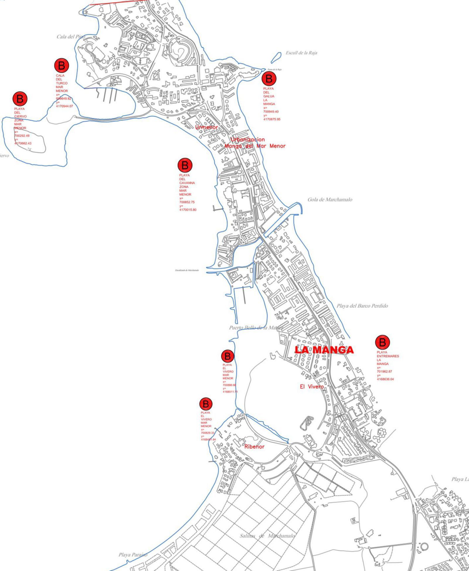 Plano municipal con las  posibles ubicaciones de las playas de La Manga para realizar celebraciones. A.C.