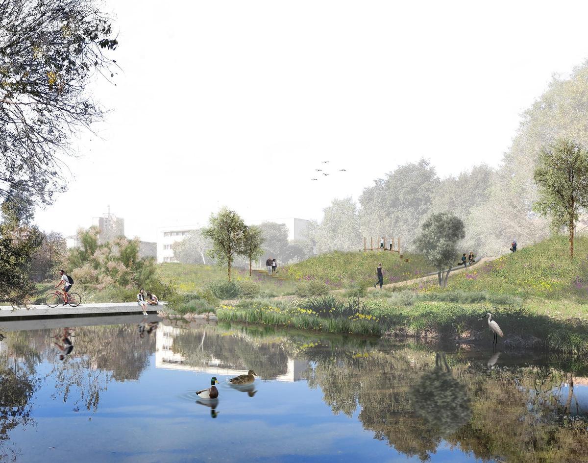 Recreación del parque fluvial que se creará en la zona.