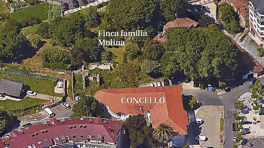 Situación del Concello de Cambre y, al fondo, finca de los Molina donde se expropia una parte.