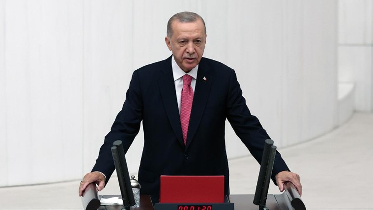 FILED - 03 June 2023, Turkey, Ankara: Turkish President Recep Tayyip Erdogan delivers a speech during the swearing-in ceremony at the Grand National Assembly of Turkey (GNAT). Photo: -/Turkish Presidency/dpa - ATTENTION: editorial use only and only if the