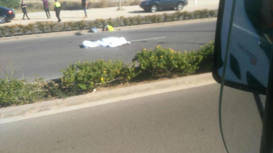 El cuerpo sin vida del ciclista, en la calzada.