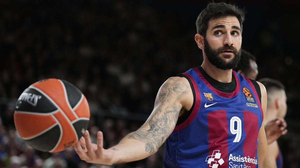 Ricky Rubio, en el Palau Blaugrana durante el Barça-Mónaco de la Euroliga de baloncesto.