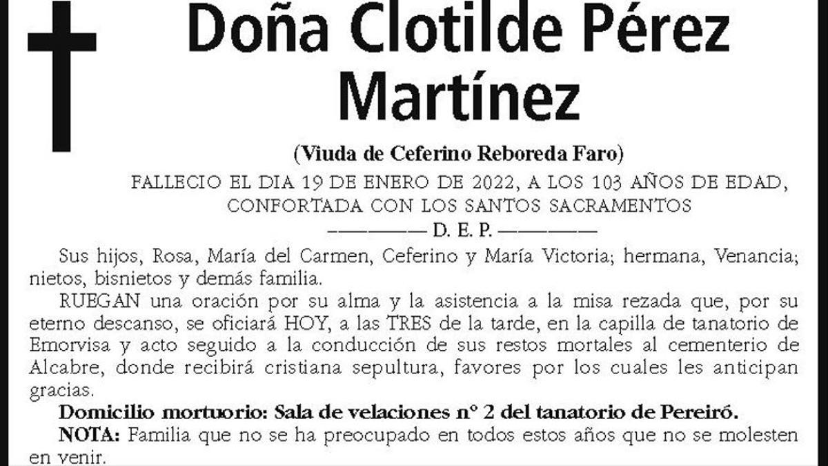 La esquela de Clotilde Pérez Martínez.