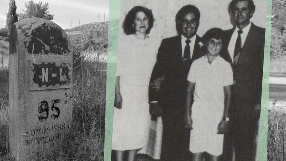 Fotos familiares de Juan Pedro; de fondo, en punto kilométrico dónde se estrelló el camión. /
