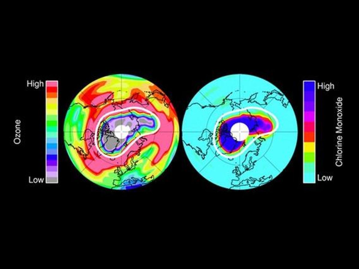 Dues fotografies cedides per la NASA que mostren, a l’esquerra, la capa d’ozó a l’estratosfera de la Terra a una altitud d’aproximadament 20 quilòmetres a mitjans de març del 2011. A la dreta: dades del monòxid de clor, el principal agent de destrucció de l’ozó químic a l’estratosfera polar inferior en el mateix dia i altitud. Dues fotografies cedides per la NASA que mostren, a l’esquerra, la capa d’ozó a l’estratosfera de la Terra a una altitud d’aproximadament 20 quilòmetres a mitjans de març del 2011. A la dreta: dades del monòxid de clor, el principal agent de destrucció de l’ozó químic a l’estratosfera polar inferior en el mateix dia i altitud.