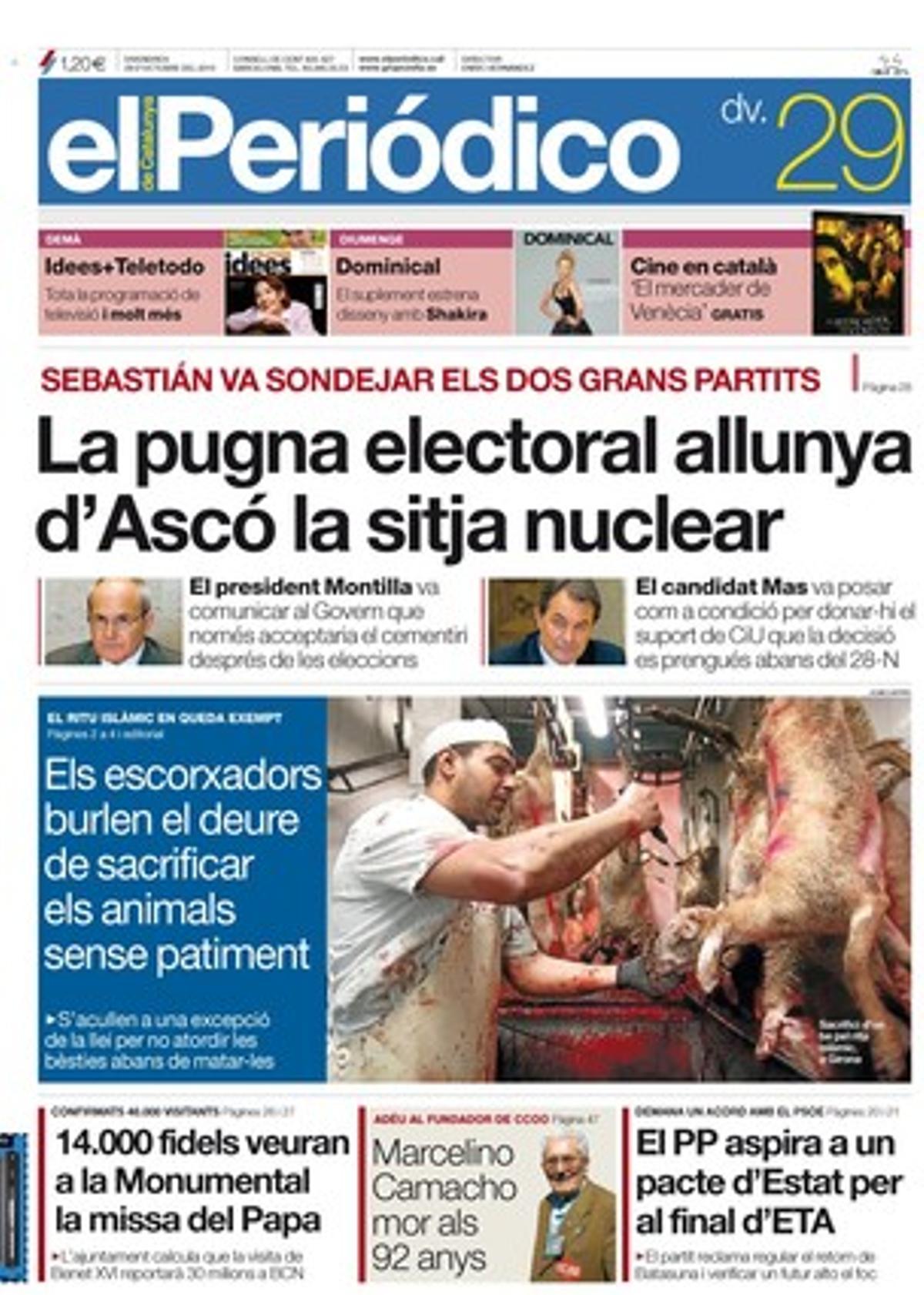 EL PERIÓDICO destaca a dins, a més de les exclusives i notícies de la portada, que Rubalcaba i Duran consoliden el desglaç entre el Govern i CiU; que el Govern reté l’art sacre de la Franja i l’Església busca suport en Exteriors; que cau a la Rambla el parricida de Tarragona; que Barcelona s’alia amb Google per donar un impuls al transport públic; que el taxi de Barcelona augmenta la tarifa el 3,2% per capejar la crisi; que el Constitucional estudiarà la retallada salarial dels empleats públics; que la UE aprova dures sancions per als països indisciplinats, i per això reformarà el Tractat de Lisboa; que la Diputació ratifica Fernando Casado per presidir Catalunya Caixa; que Guardiola és el blanc dels atacs destinats a debilitar el Barça, i que la Grama és l’únic club espanyol de futbol que té una responsable de material i una metge. El quadern ’+iCult’ comenta l’oferta cultural del cap de setmana.