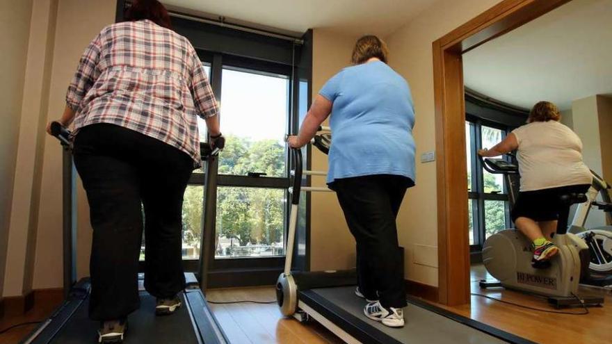 Varias mujeres con sobrepeso realizan ejercicio en un gimnasio.