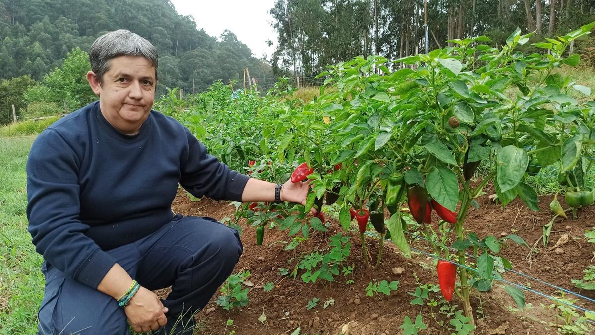 Pilar González en su huerta en Pravia.