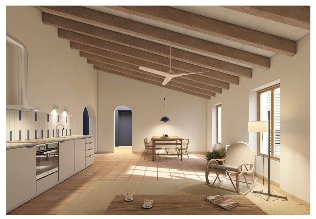 Imagen virtual de la cocina y el salón de una de las futuras viviendas.