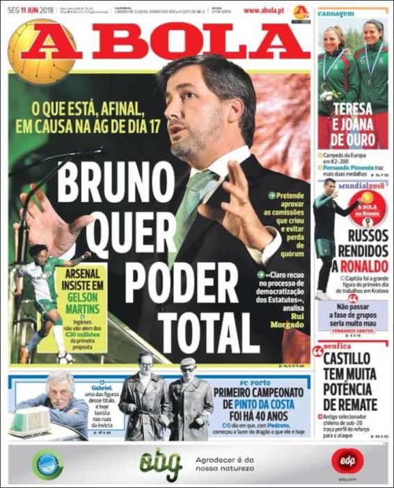 Portada A BOLA lunes 11 de junio de 2018