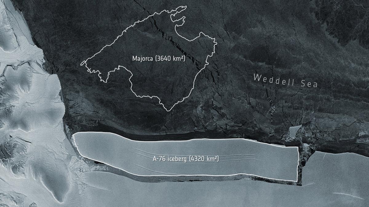 Comparación del tamaño del iceberg A-76 con la isla de Mallorca