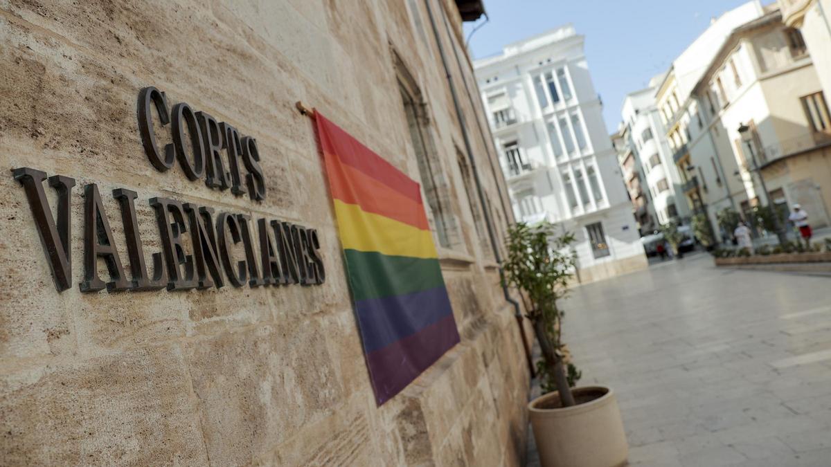Les Corts cuelgan en su fachada la bandera LGTBI por el Día del Orgullo, el año pasado.