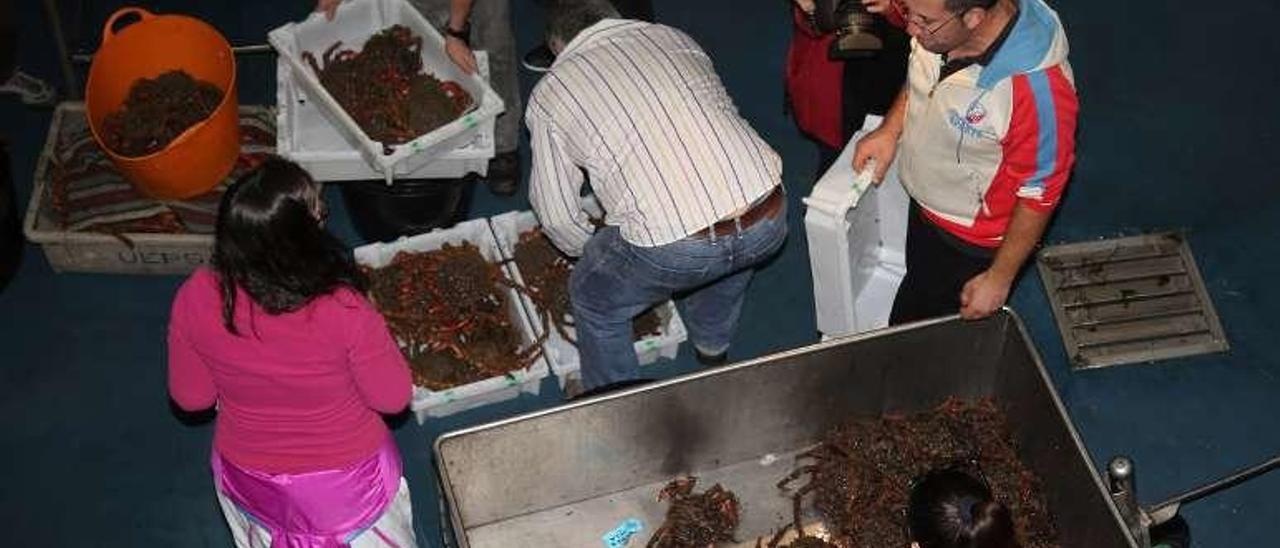 Subasta de centollo en la lonja grovense. // Muñiz