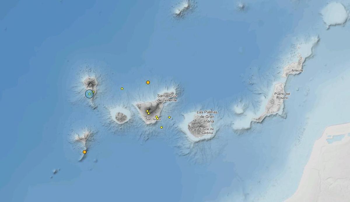 Mapa con los terremotos en Canarias.