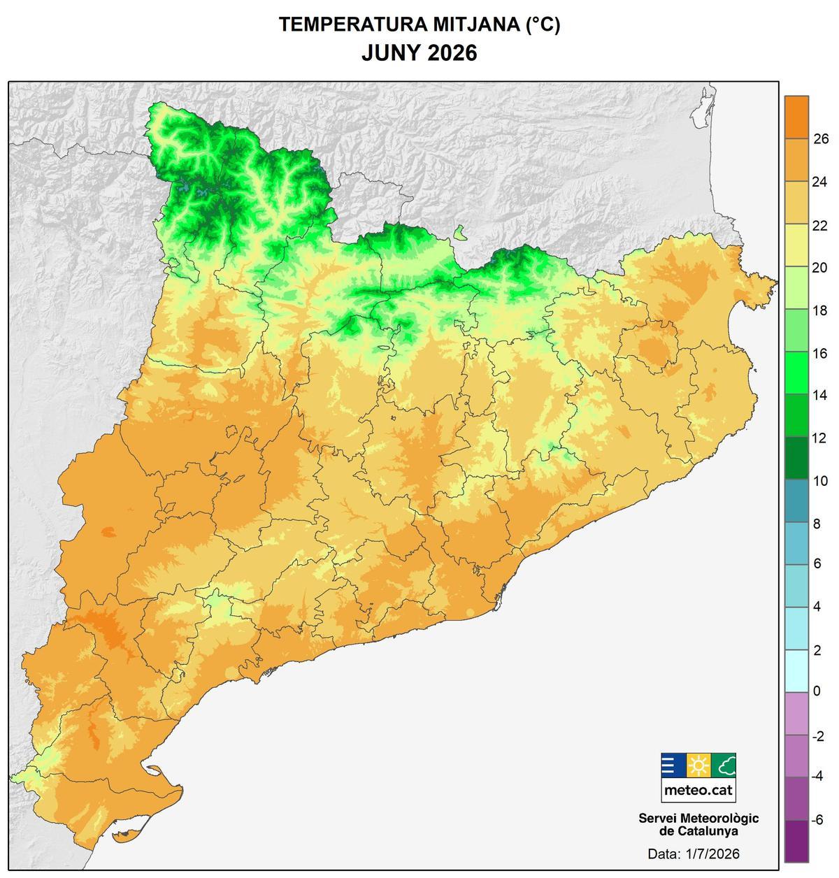 Mapa de la temperatura mitjana aquest mes de juny.