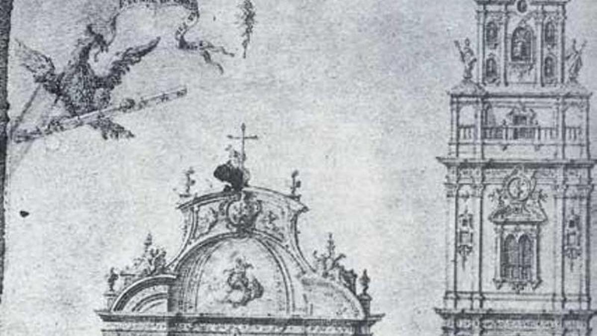 Apóstol Santiago en la fachada de la Catedral de Murcia, hace más de un siglo.