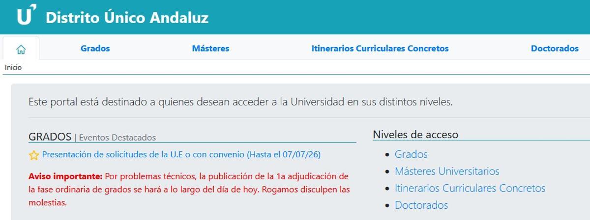 Mensaje en la web del Distrito Único Andaluz
