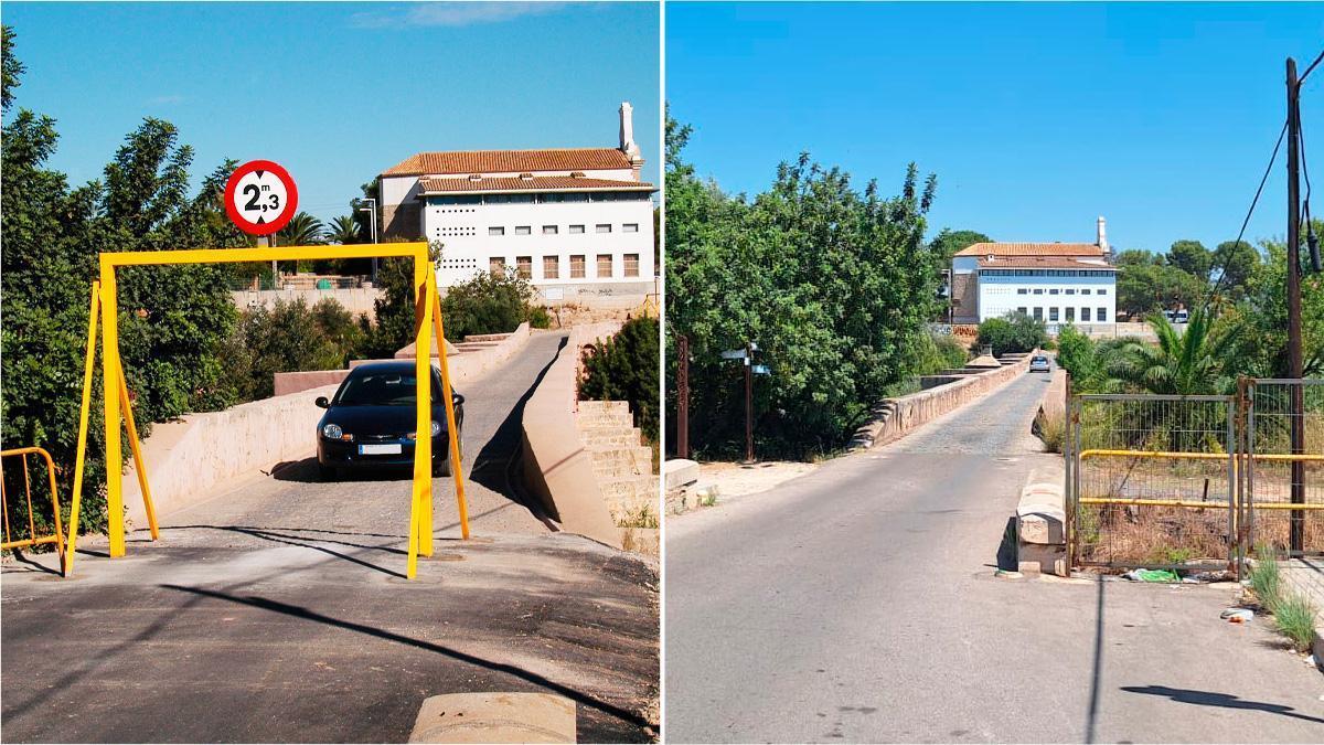 A la izquierda, la anterior imagen del puente en la parte vila-realense. A la derecha, la imagen actual del puente en su acceso en Vila-real.
